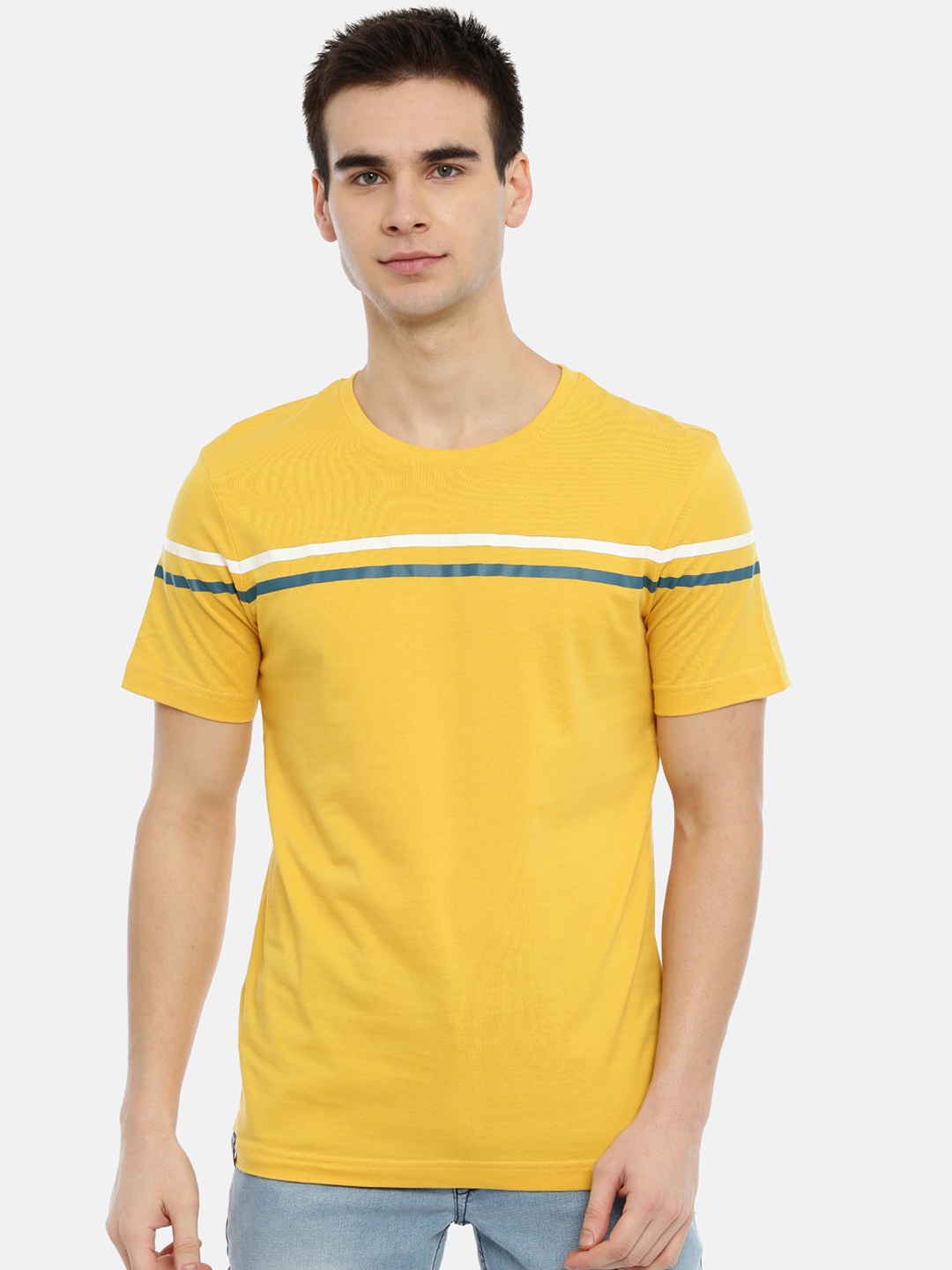 

3PIN Men Yellow Striped Round Neck Pure Cotton T-shirt