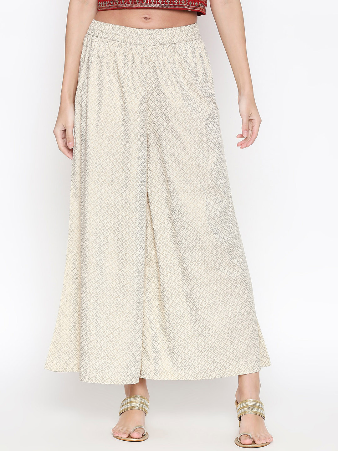 

RANGMANCH BY PANTALOONS Women Cream-Coloured & Gold-Toned Printed Wide Leg Palazzos