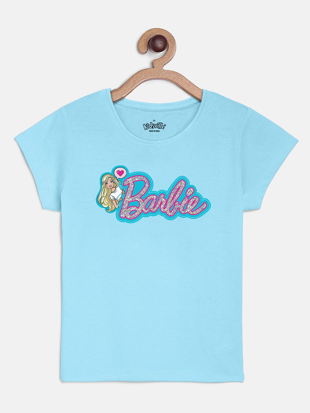 

Kids Ville Girls Blue Barbie Printed Round Neck T-shirt