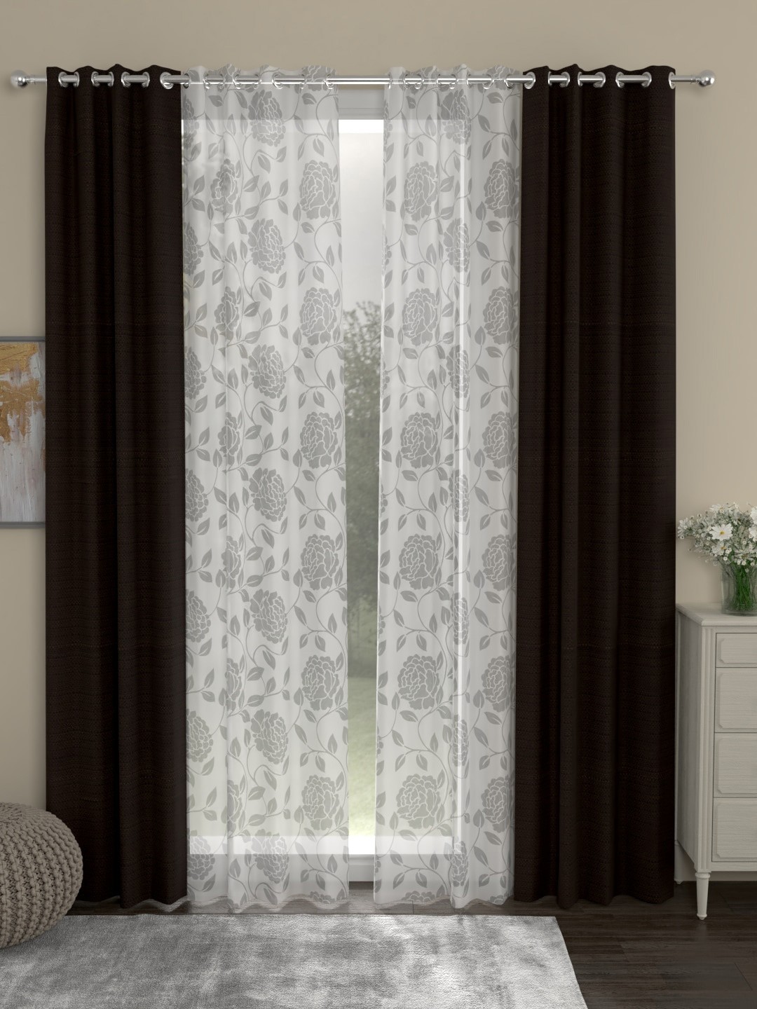 

ROSARA HOME Set Of 4 Coffee Brown & White Long Door Curtains