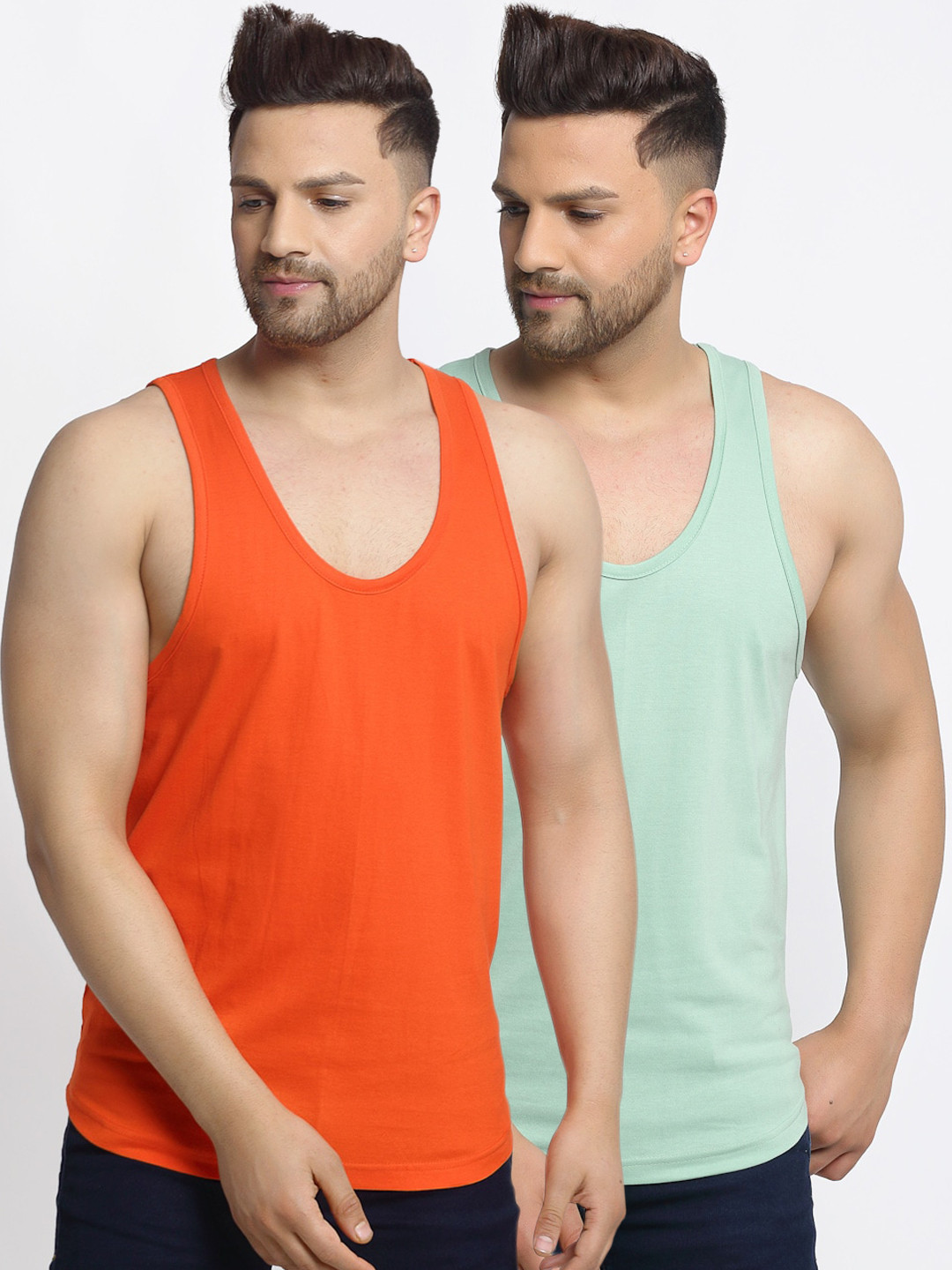 

Friskers Men Pack Of 2 Solid Apple Cut Pure Cotton Gym Vests, Orange