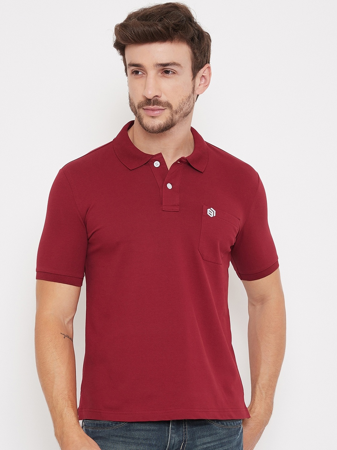 

Bishop Cotton Men Maroon Solid Polo Collar T-shirt