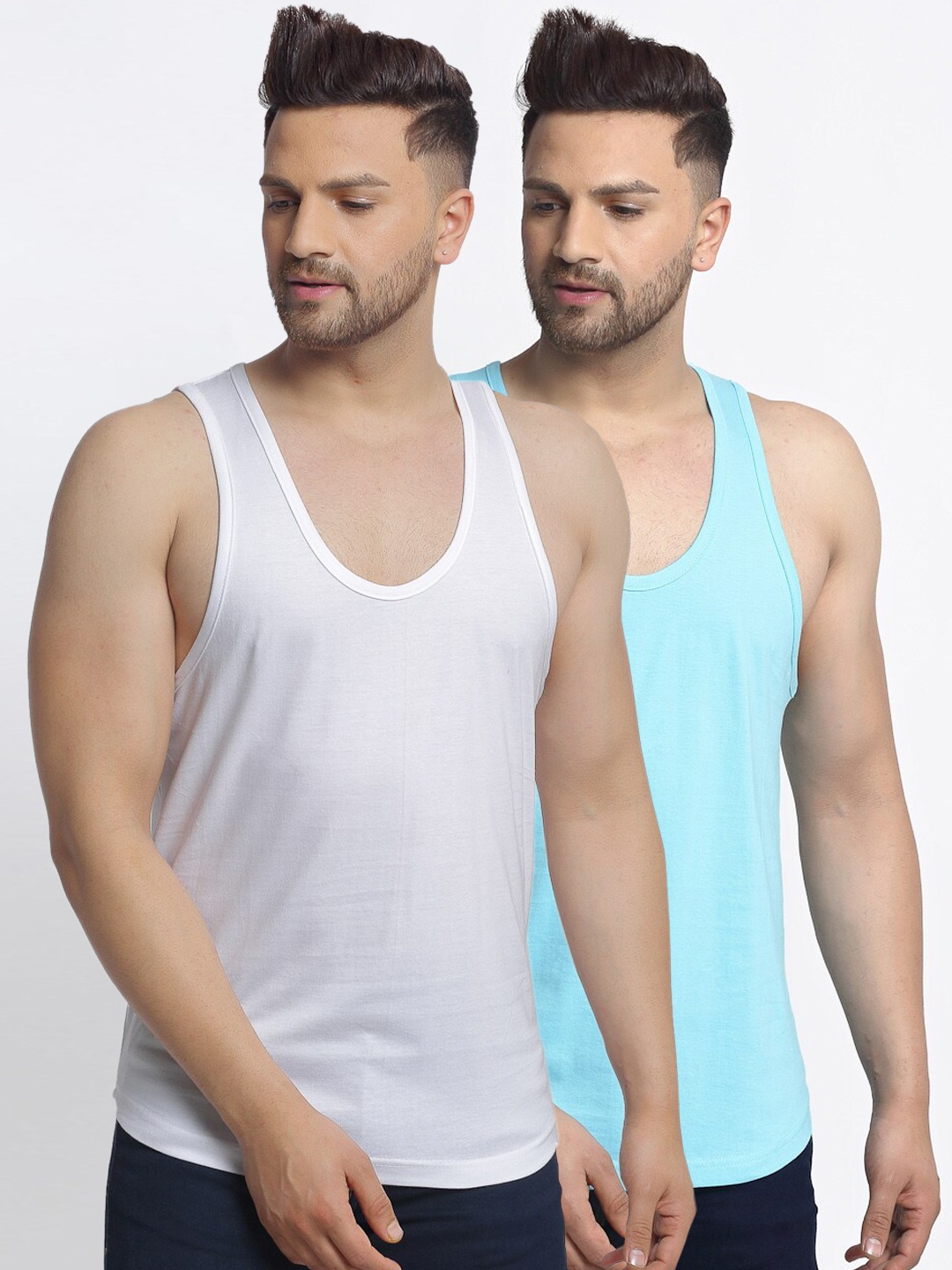 

Friskers Men Pack of 2 Solid Innerwear Cotton Gym Vests, White