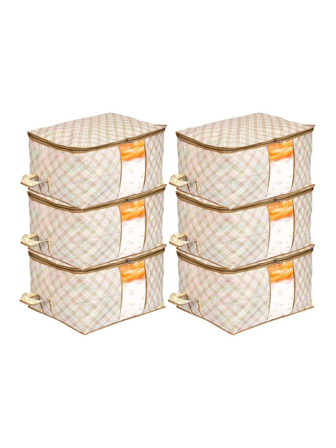 

Kuber Industries Set Of 6 Cream-Colour & Brown Checked Saree Covers