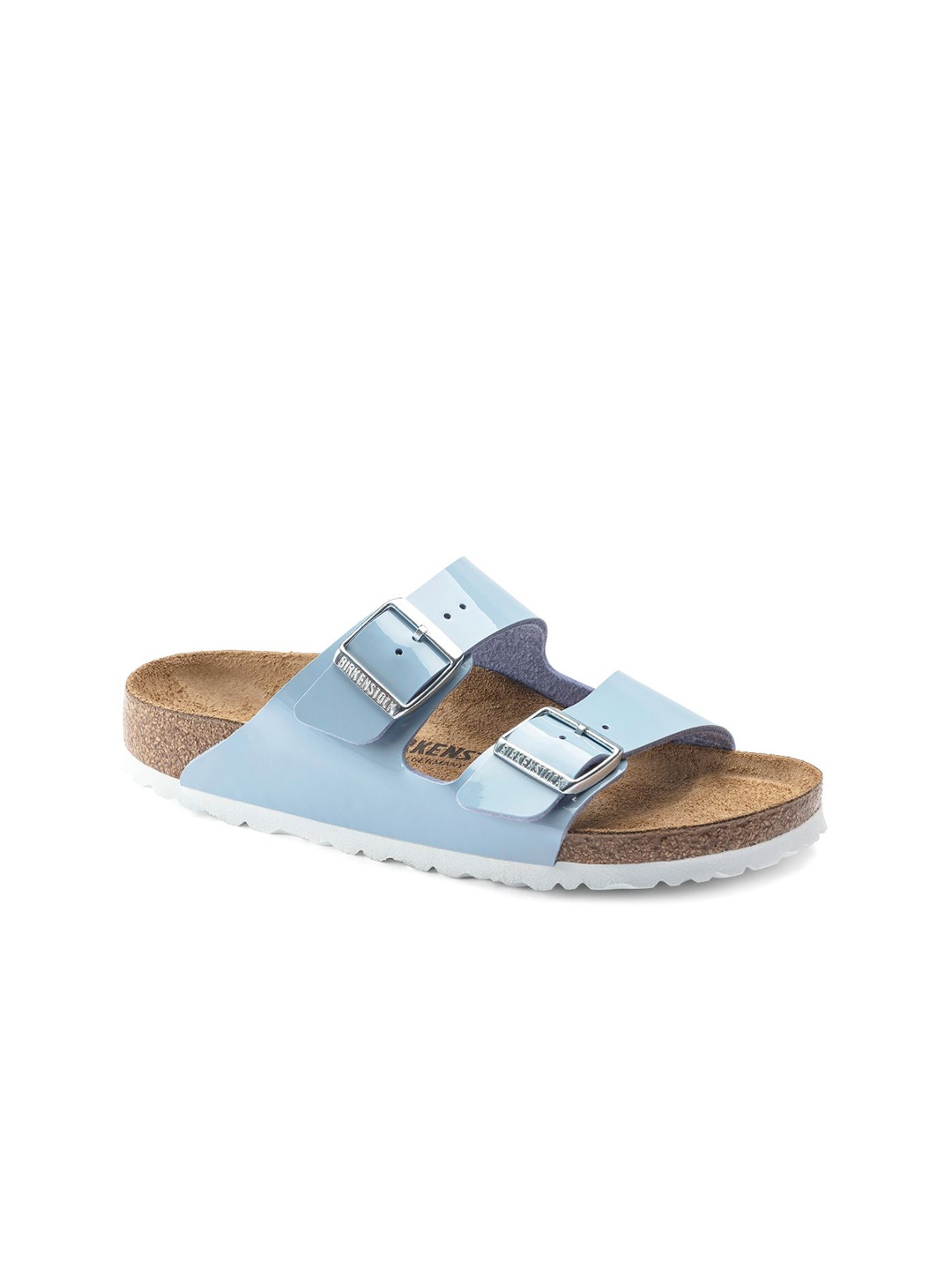 

Birkenstock Women Blue & Beige Narrow Width Arizona Birko-Flor Open Toe Flats