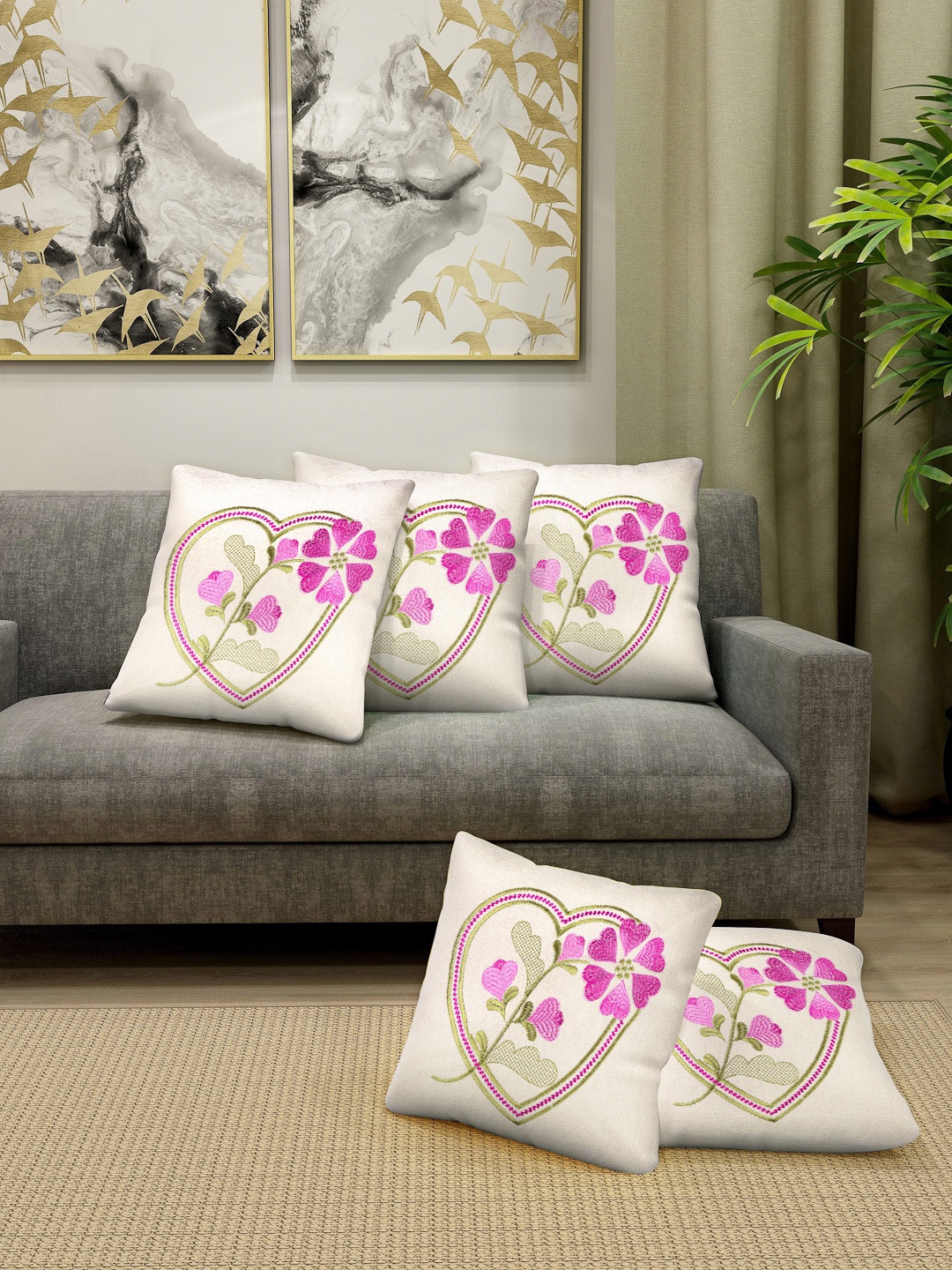 

KLOTTHE White & Pink Set of 5 Floral Embroidered Square Cushion Covers