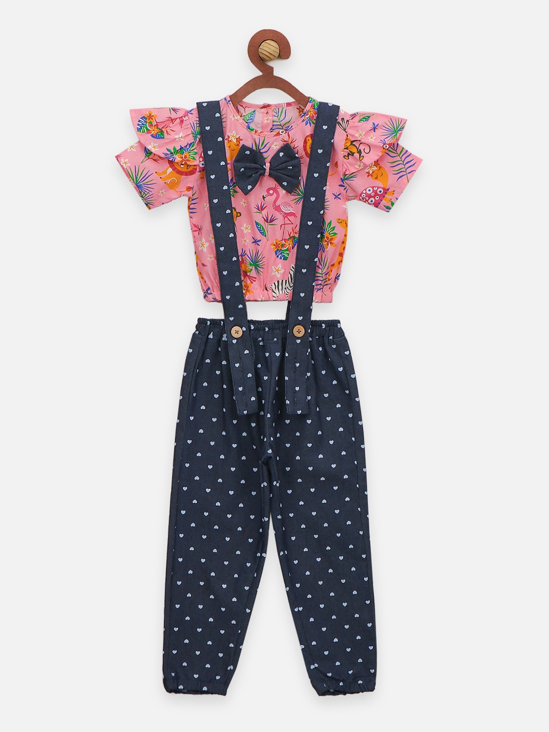 

LilPicks Girls Pink & Navy Blue Floral Top & Polka Denim Dungaree Set