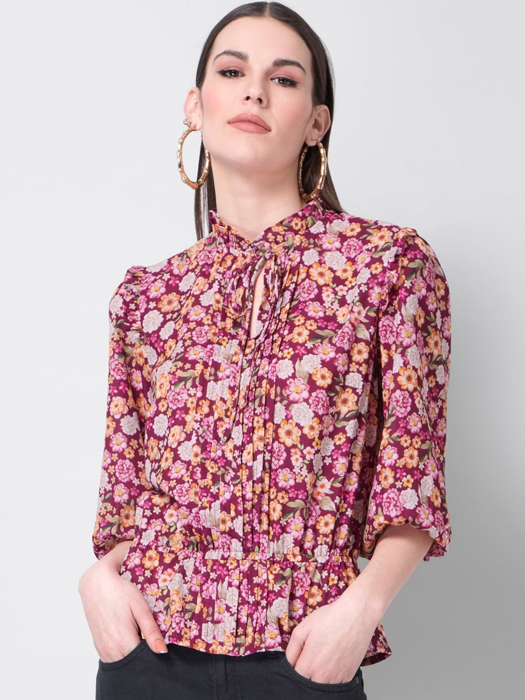 

FabAlley Maroon Floral Printed Tie-Up Neck Georgette Regular Top