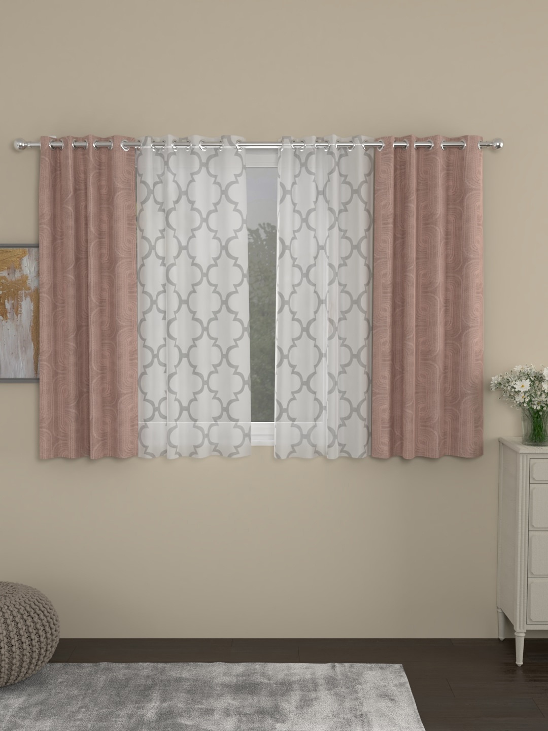 

ROSARA HOME Set Of 4 Nude-Coloured & White Window Curtains