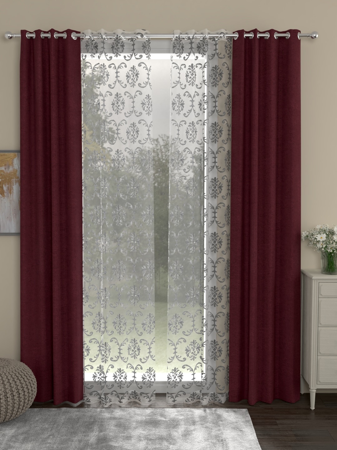 

ROSARA HOME Maroon & Grey Set of 4 Door Curtains