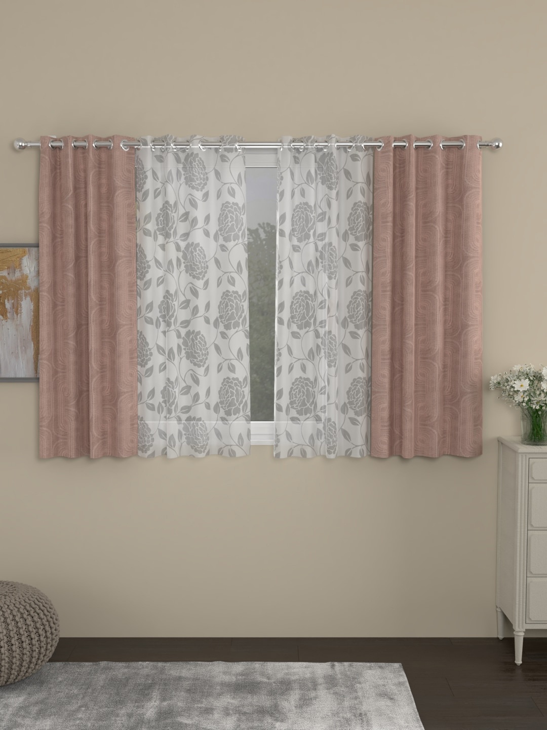 

ROSARA HOME Nude-Coloured & White Set of 4 Regular & Sheer Window Curtains