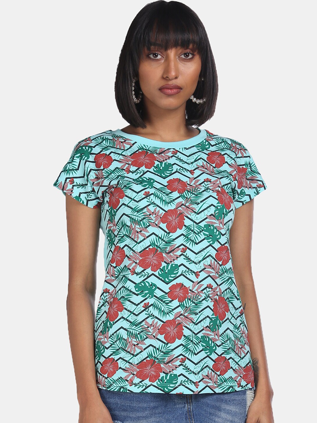

Sugr Turquoise Blue Tropical Printed Tropical Pure Cotton Regular Top