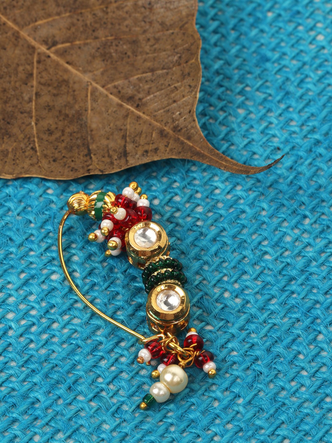 JEWELS GEHNA Gold-Plated Red & White Beads & Pearl Studded Vilandi Maharashtrian Nath