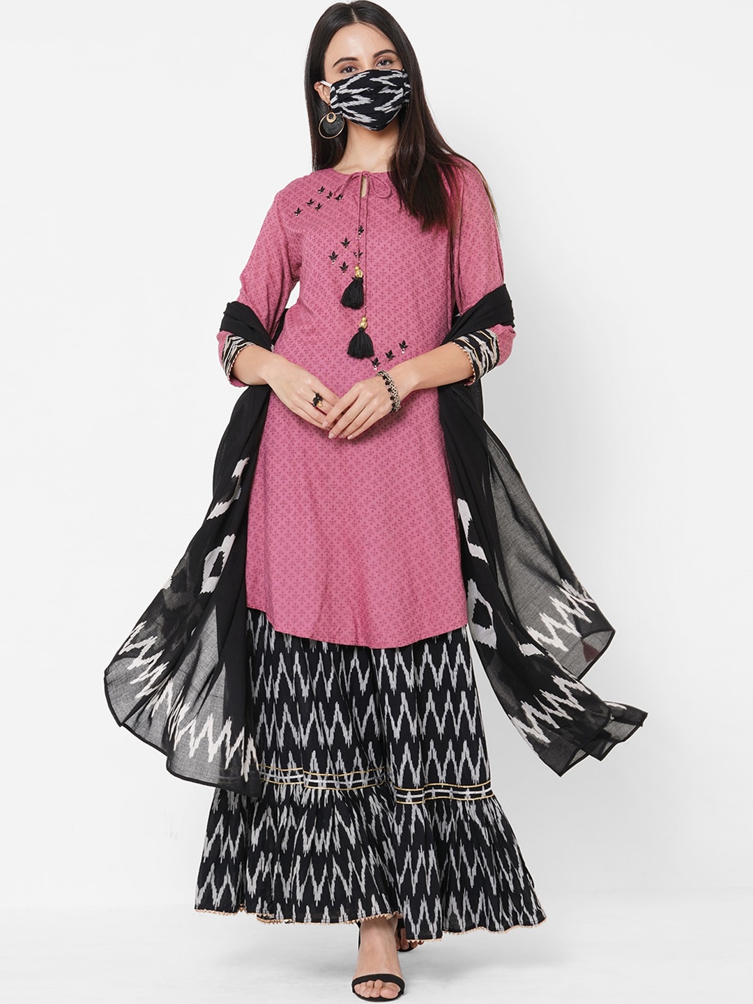 

FASHOR Women Pink Printed Kurta with Sharara & Dupatta