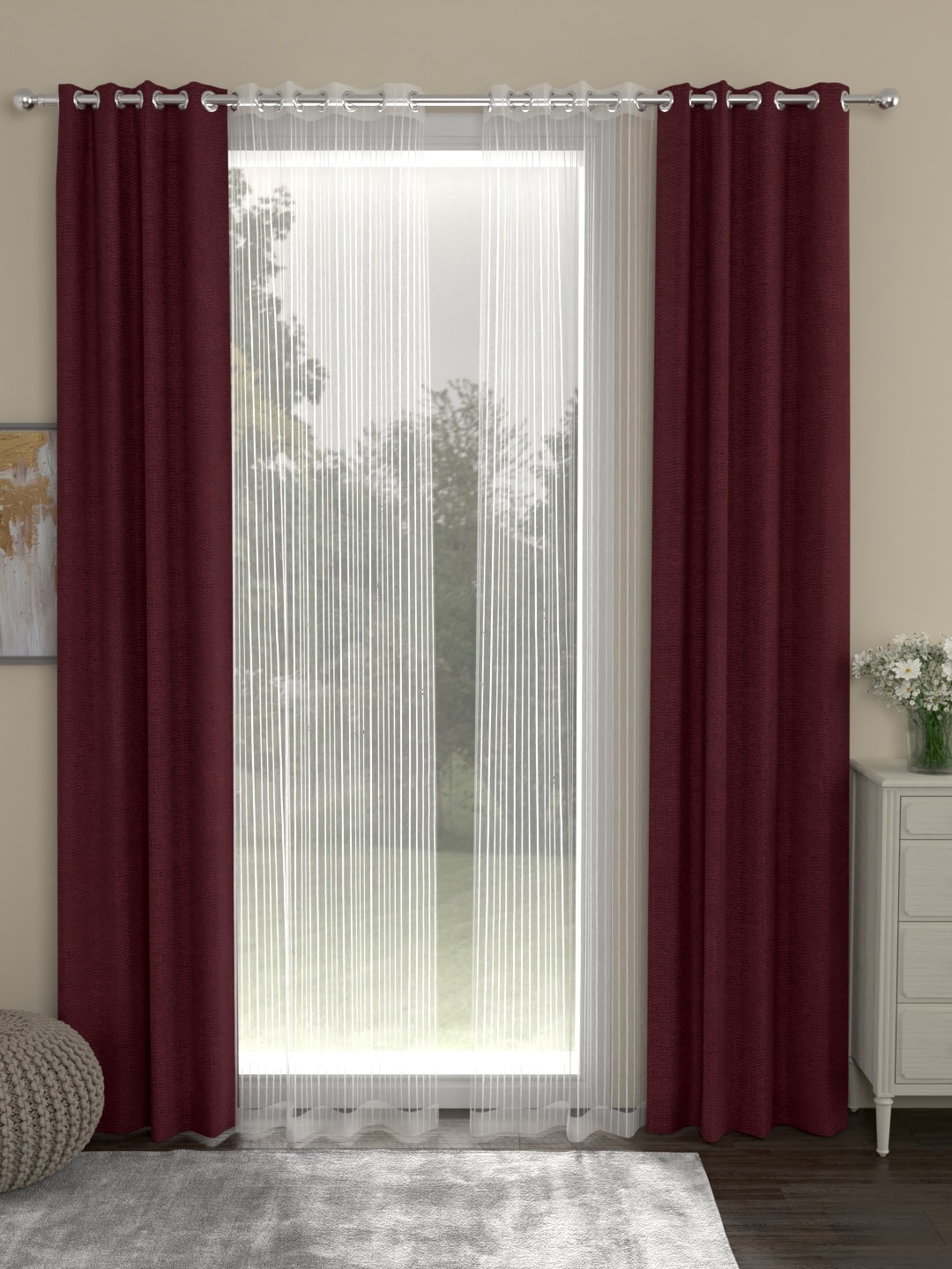 

ROSARA HOME Maroon & White Set of 4 Chenille Long Door Curtains