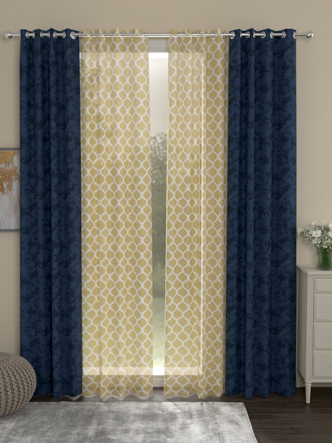 

ROSARA HOME Navy Blue & Beige Set of 4 Long Door Curtains