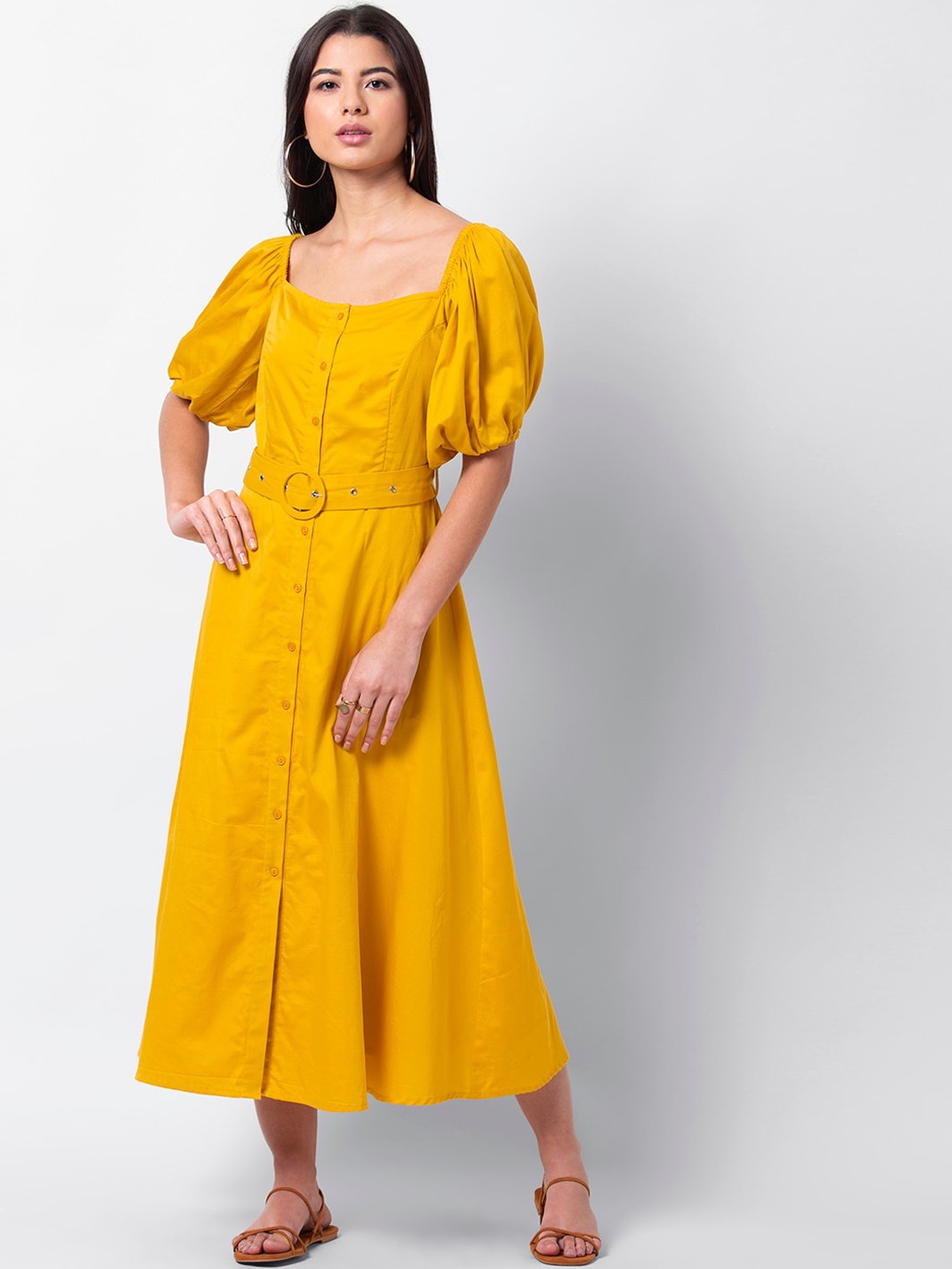 

FabAlley Women Yellow Solid Fit and Flare Cotton Dress