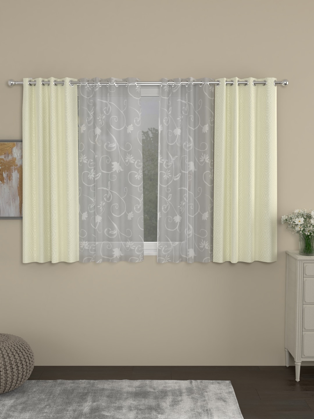 ROSARA HOME Cream-Coloured & Grey Set of 4 Jacquard Lydia Regular & Sheer Window Curtains