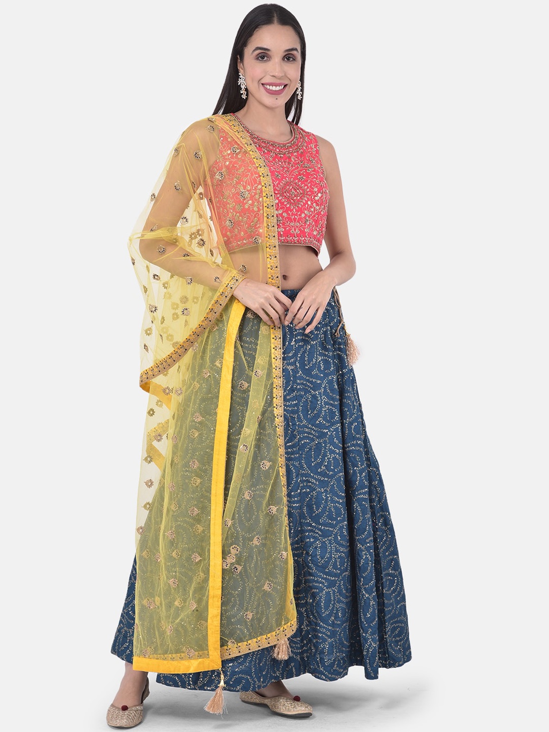 

Neerus Blue & Yellow Embroidered Ready to Wear Lehenga & Blouse with Dupatta