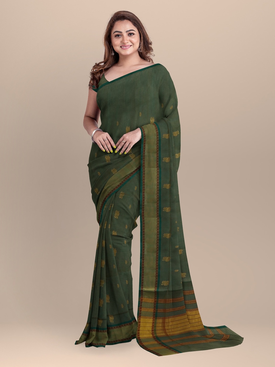 

APCO Green Solid Pure Cotton Saree