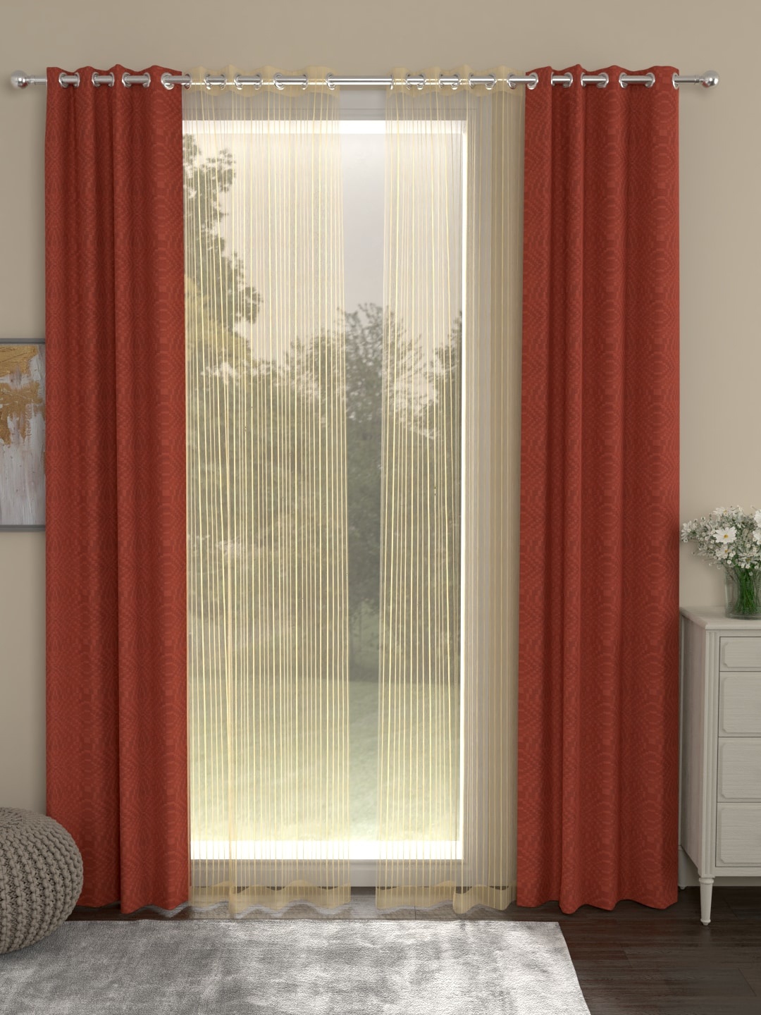 

ROSARA HOME Rust Brown & Gold-Toned Set of 4 Jacquard Door Curtains