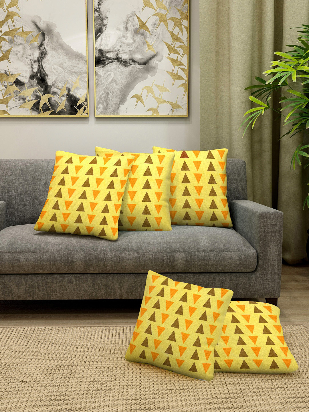 

KLOTTHE Yellow & Olive Green Set of 5 Geometric Square Cushion Covers