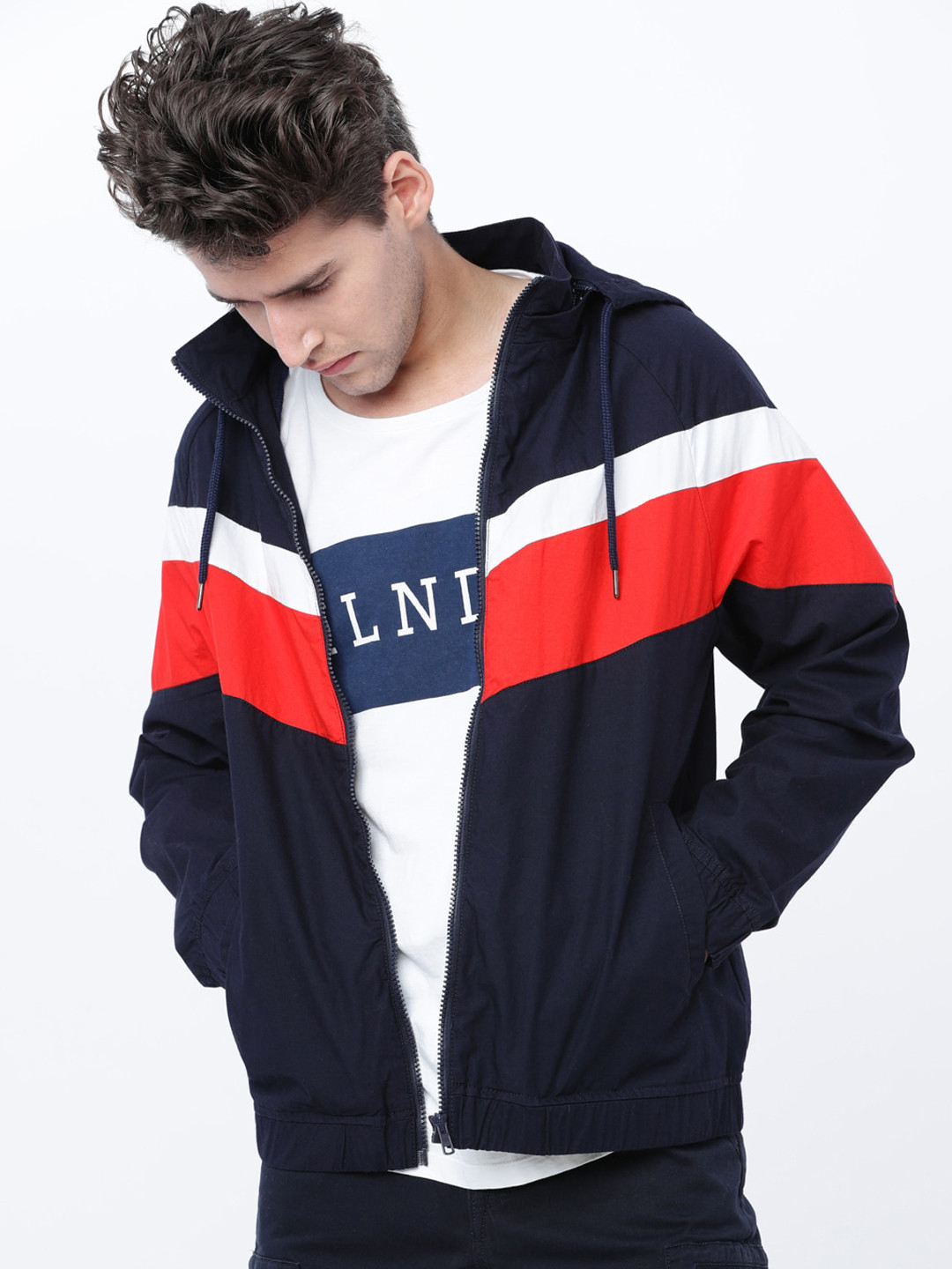 

HIGHLANDER Men Navy Blue Colourblocked Lightweight Sporty Jacket