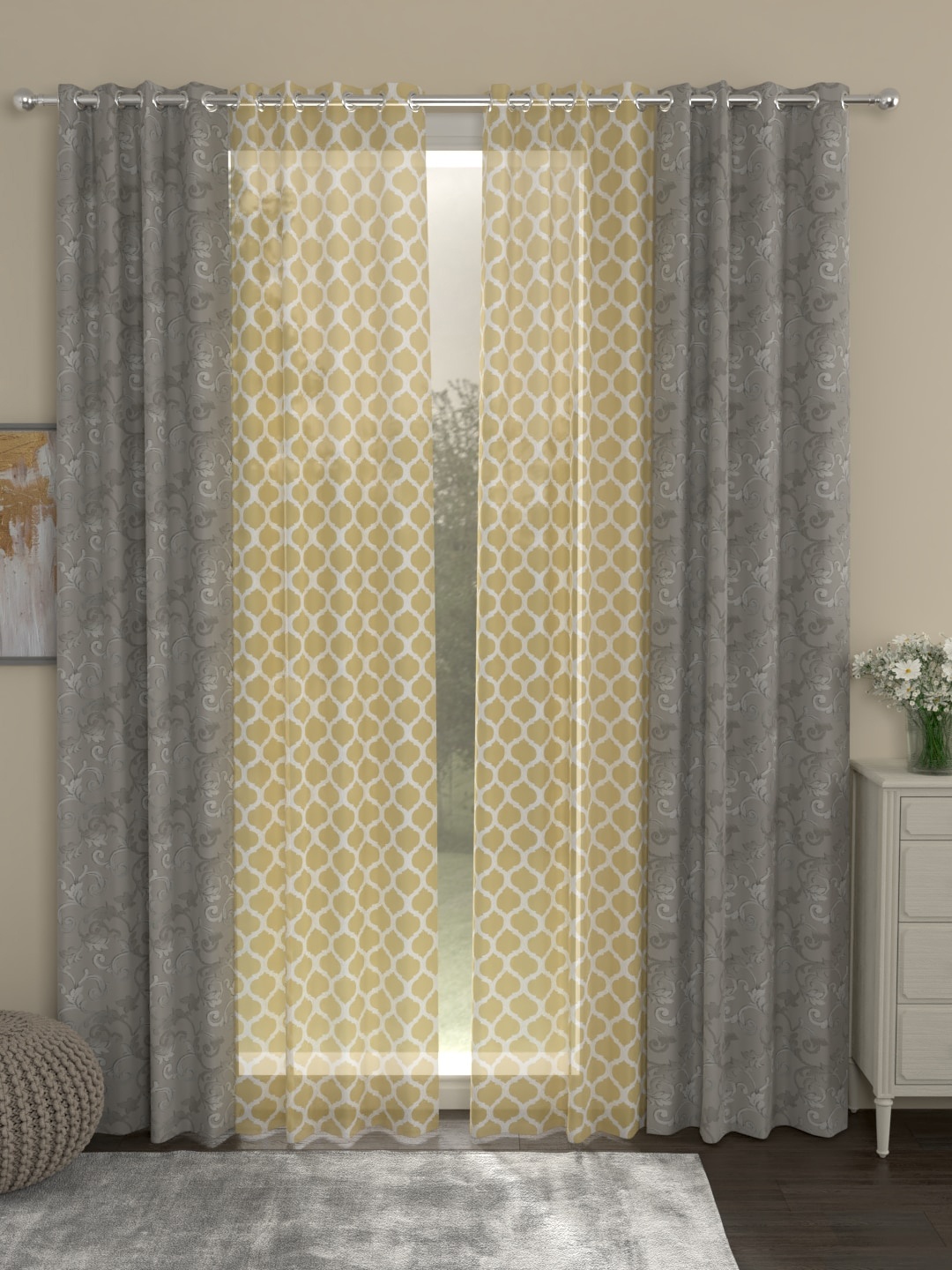 

ROSARA HOME Grey & Beige Set of 4 Long Door Curtains