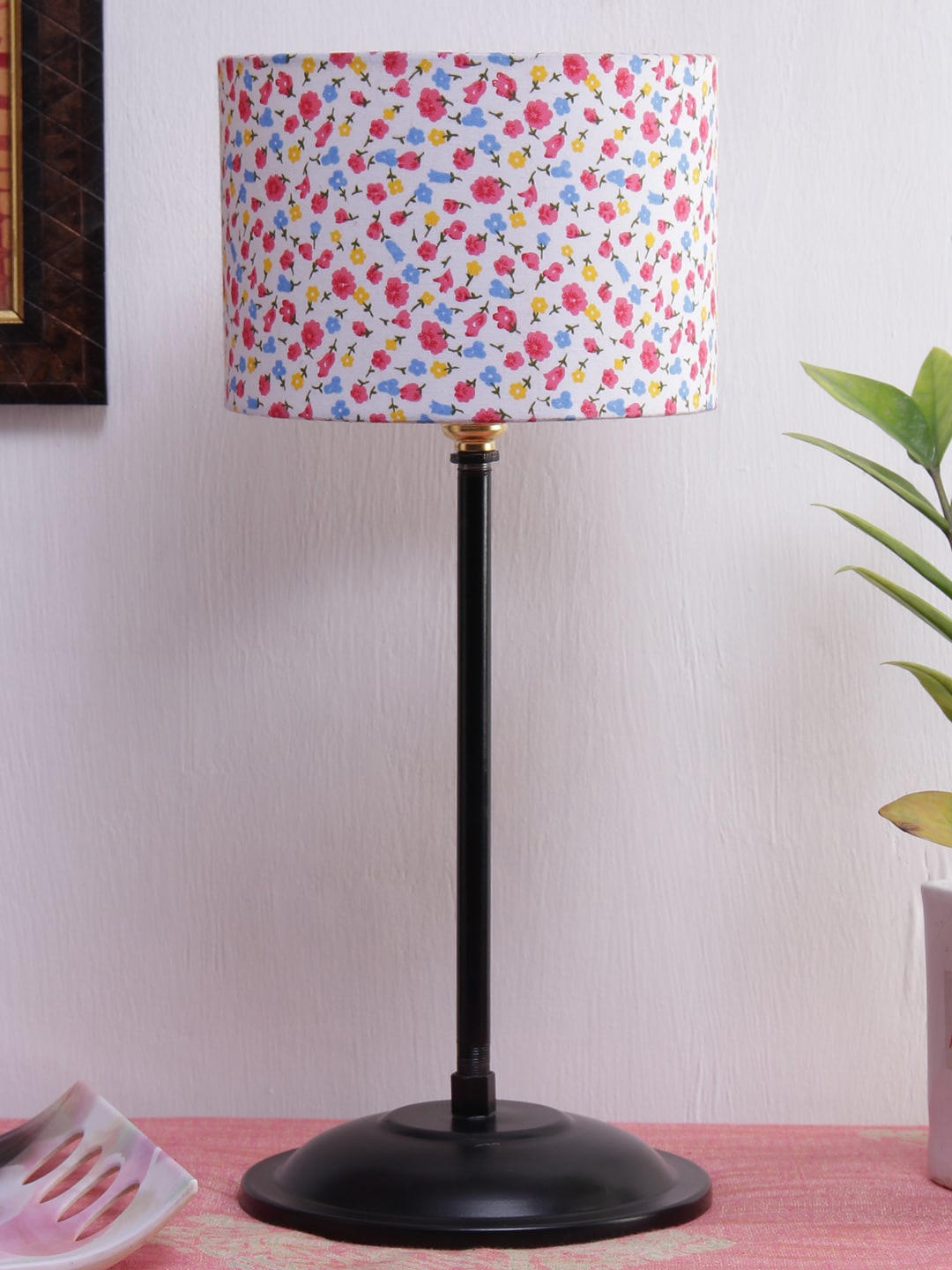 Devansh White & Pink Printed Traditional Table Lamp with Shade