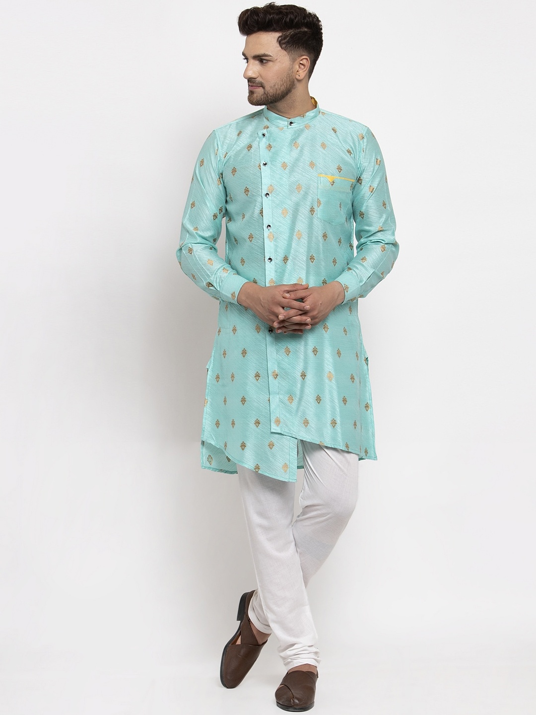 KLOTTHE Men Turquoise Blue & Gold-Toned Ethnic Motifs Kurta