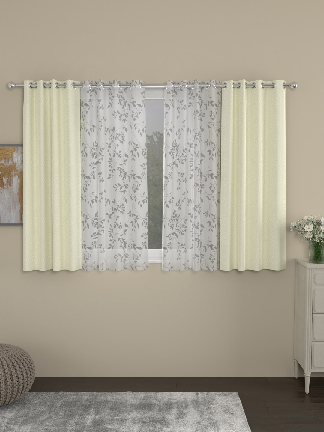 

ROSARA HOME Cream-Coloured & White Set of 4 Regular & Sheer Window Curtains