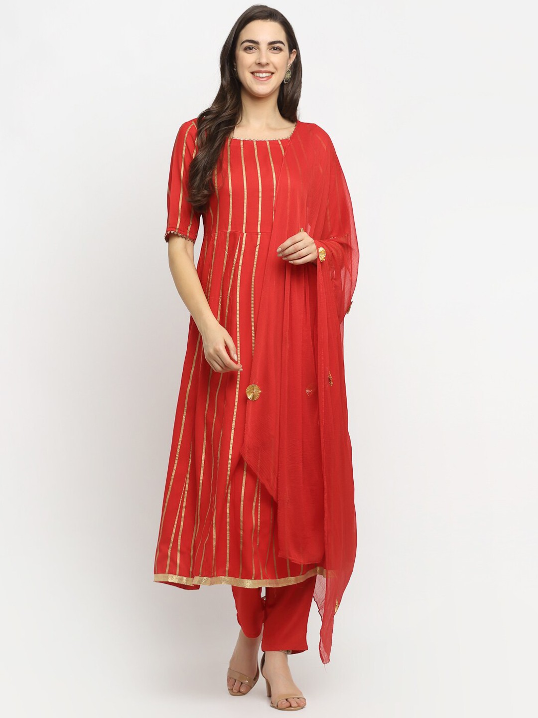 

Rudra Bazaar Women Red & Gold-Toned Striped Kurta with Pyjamas & Dupatta