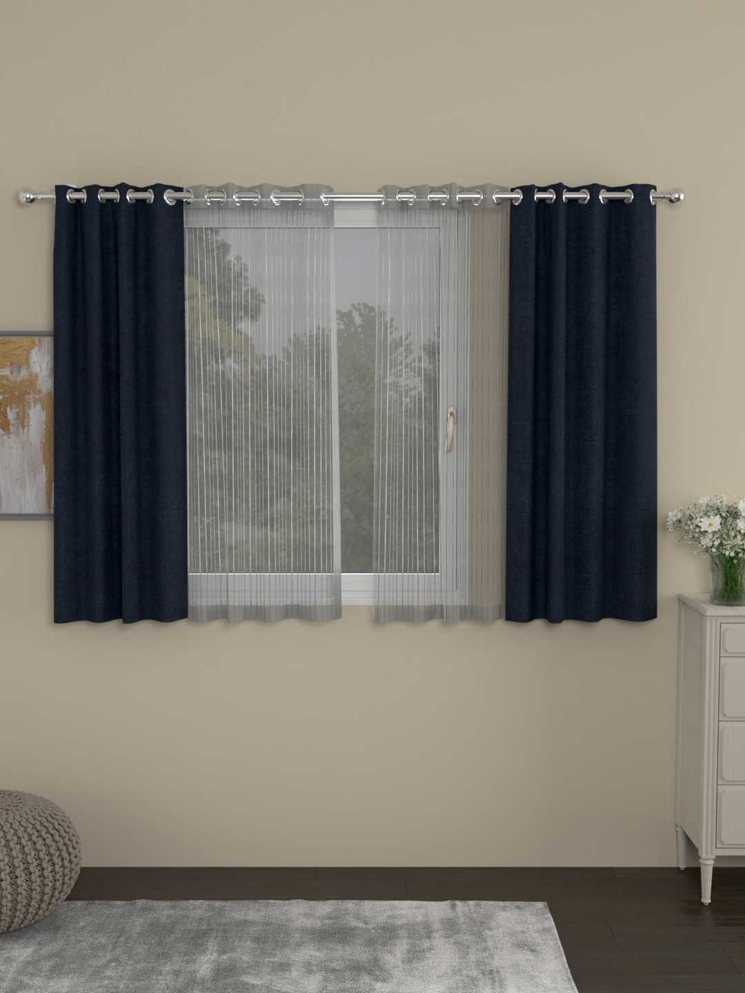 

ROSARA HOME Navy Blue Striped Set of 4 Window Curtains