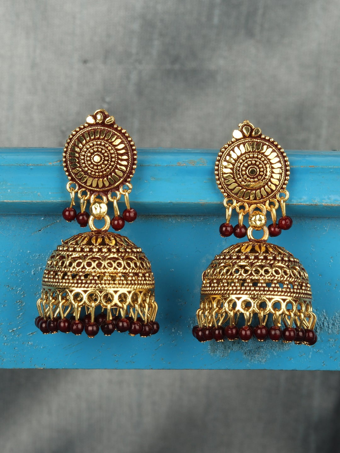 

ANIKAS CREATION Gold-Plated Maroon Dome Shaped Jhumkas