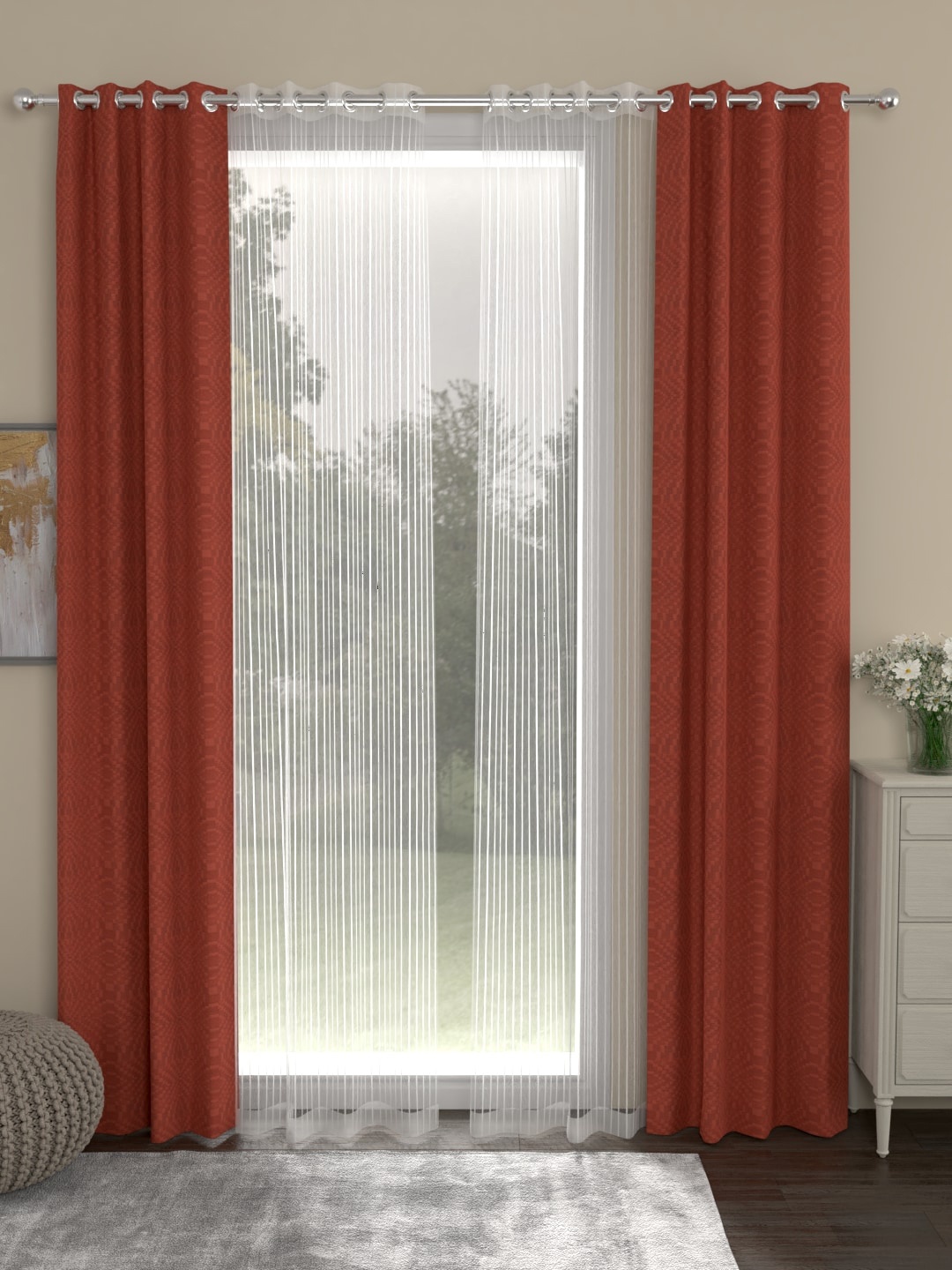 

ROSARA HOME Rust & White Set of 4 Long Door Curtains