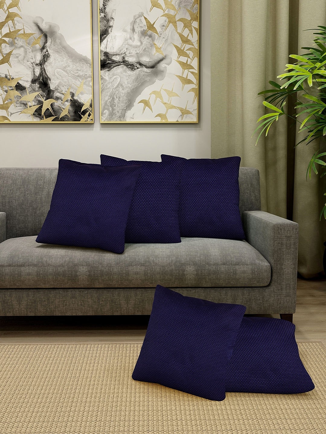 KLOTTHE Navy Blue Set of 5 Self Design Square Cushion Covers