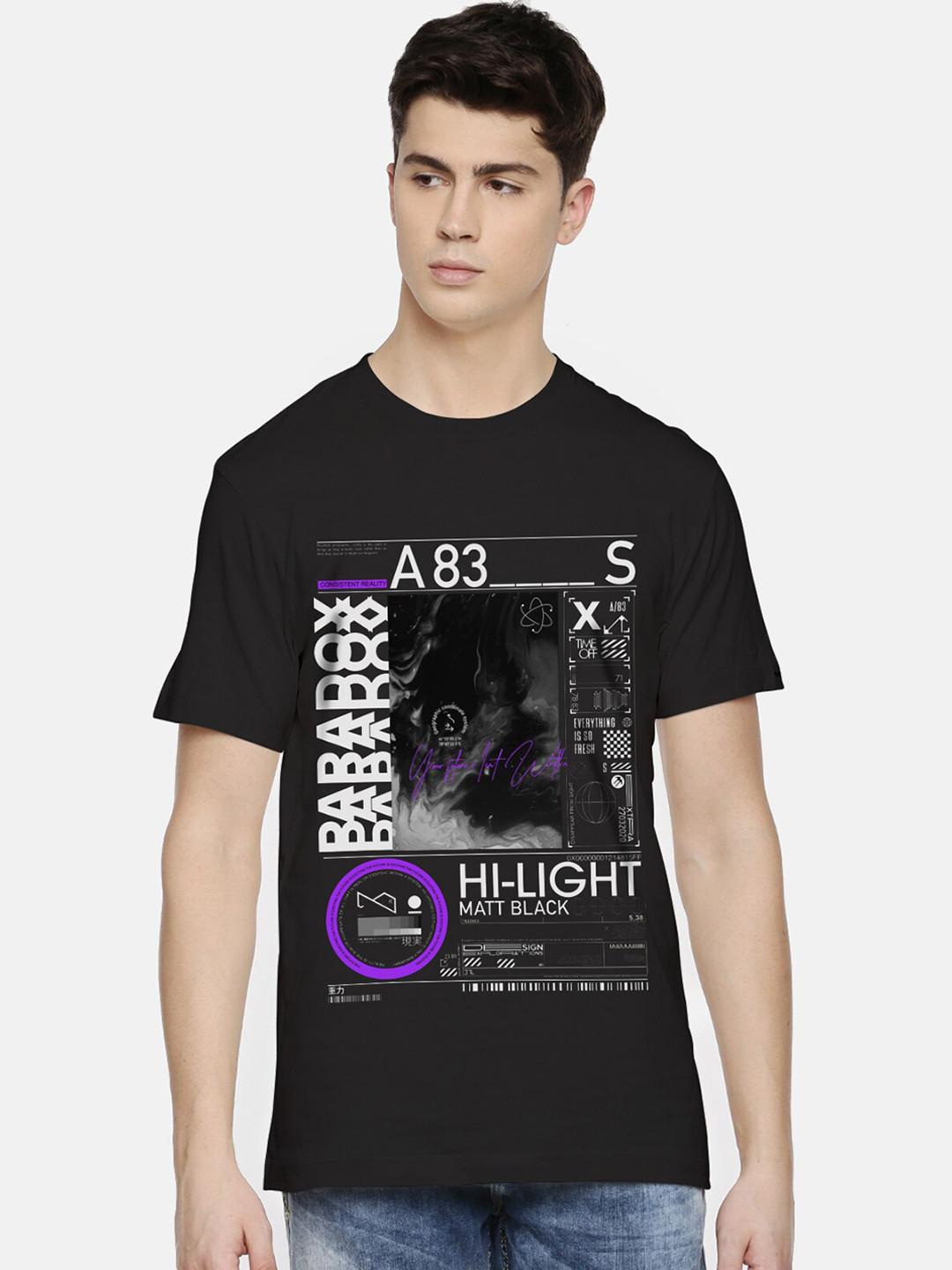 

THREADCURRY Men Black Printed Round Neck Cotton T-shirt