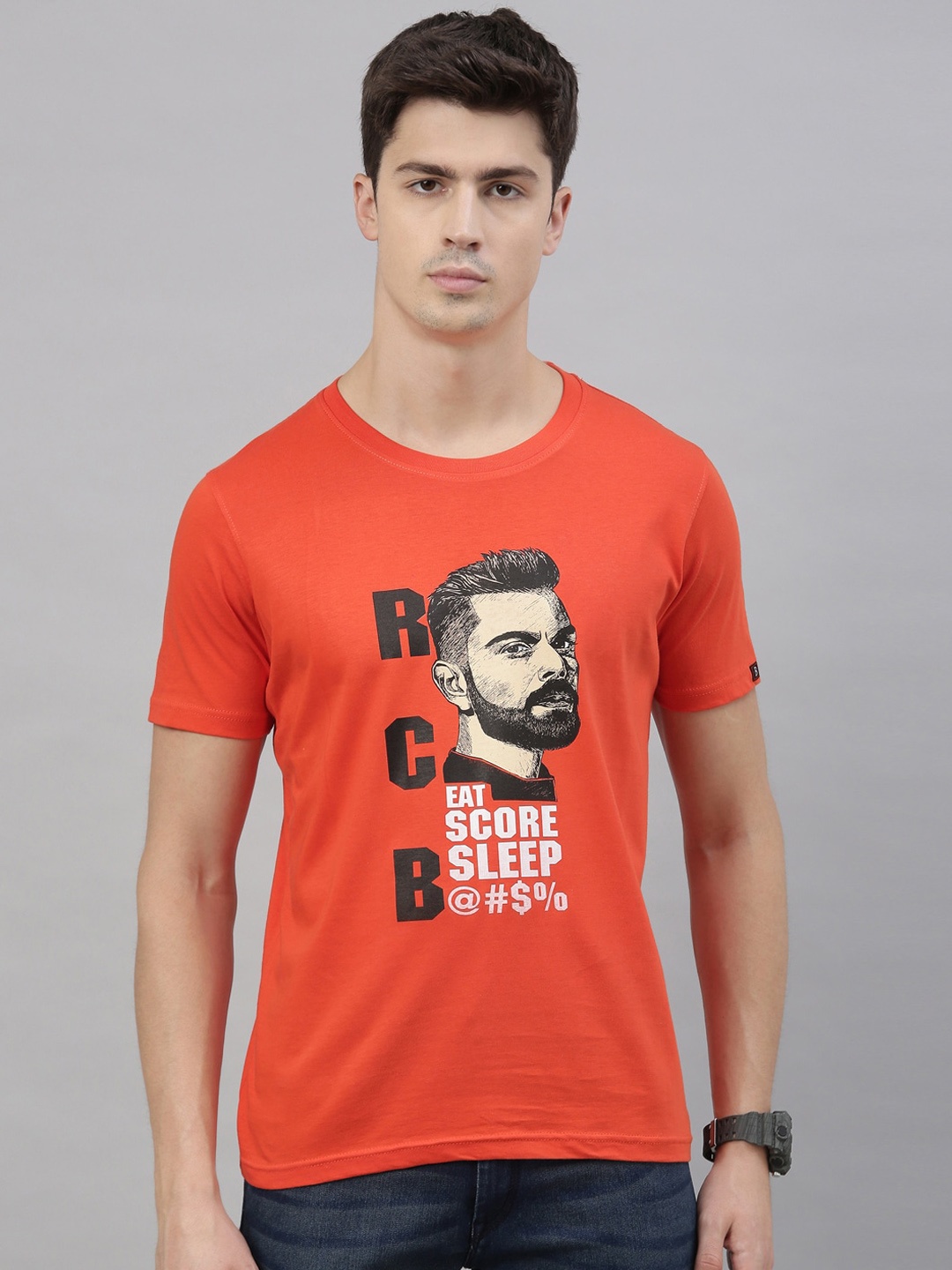 

Bushirt Men Orange Printed Round Neck Cotton Pure Cotton T-shirt