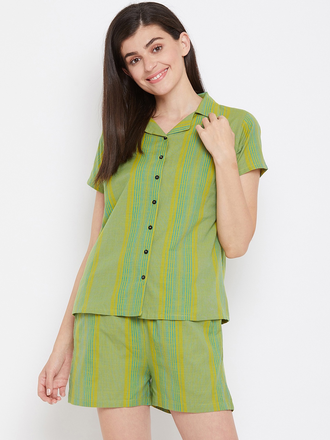 

Clovia Women Green & Blue Striped Night suit
