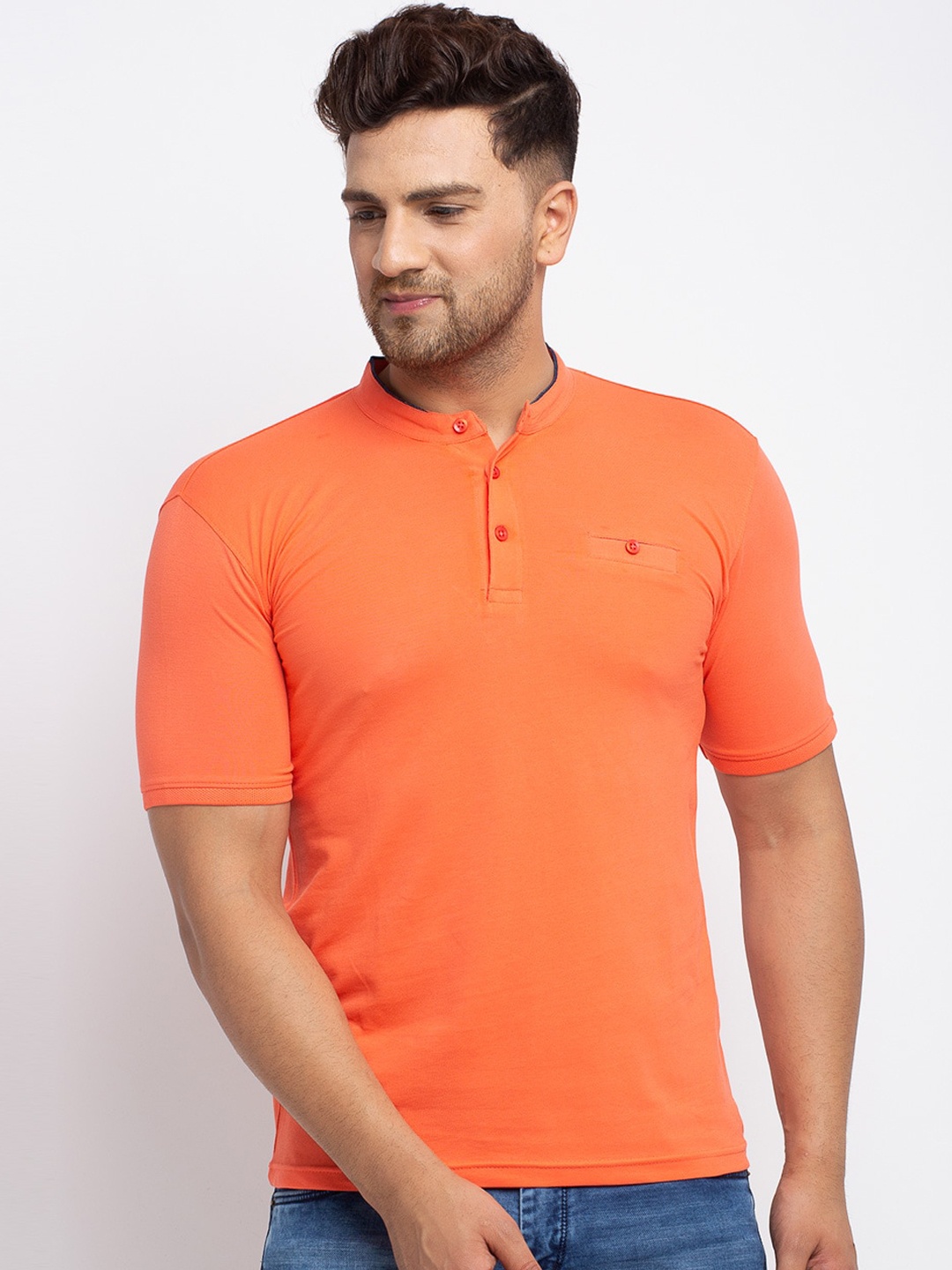 

Rodamo Men Orange Solid Henley Neck Cotton T-shirt
