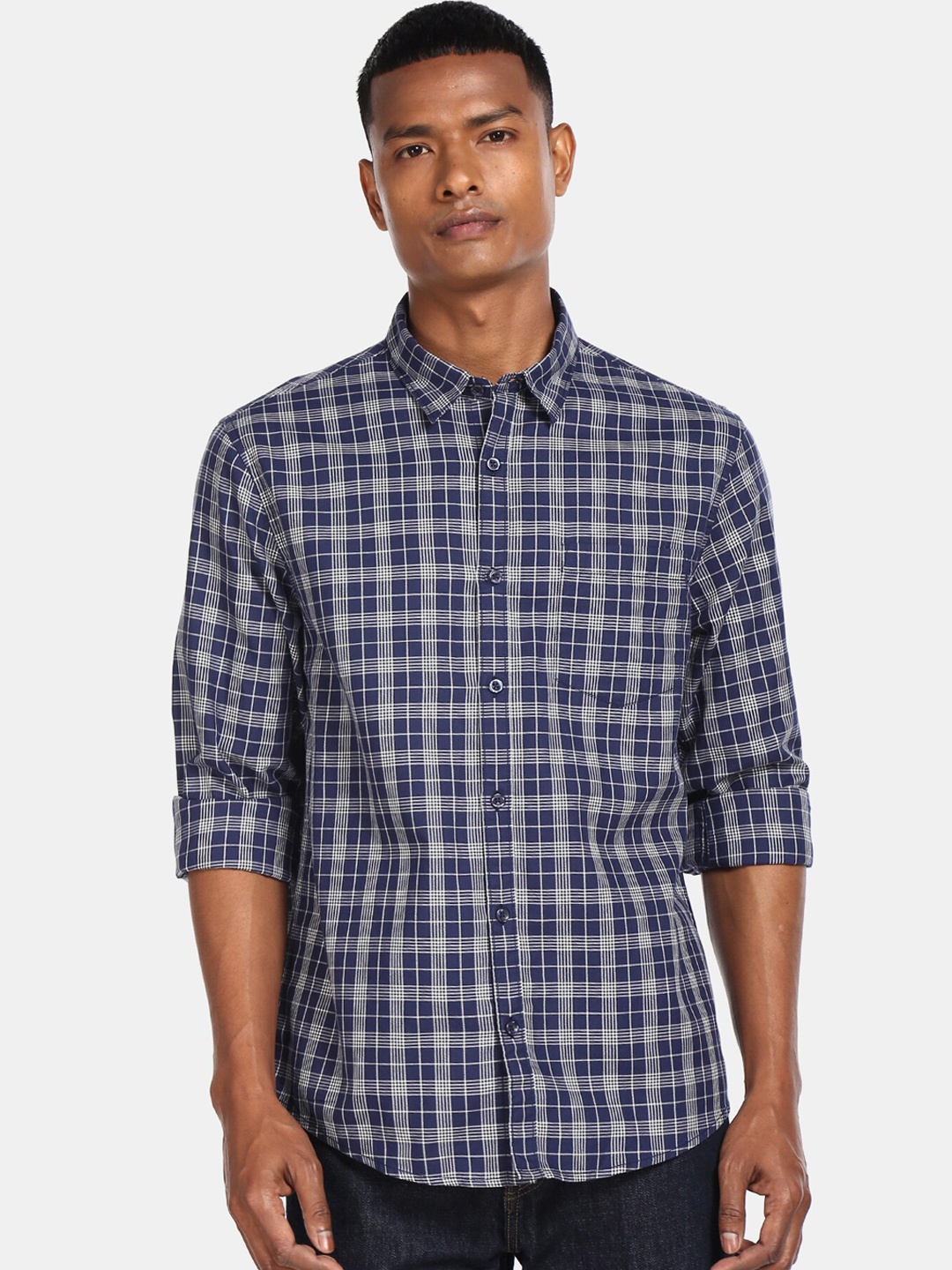 

Ruggers Men Navy Blue Regular Fit Checked Cotton Casual Shirt