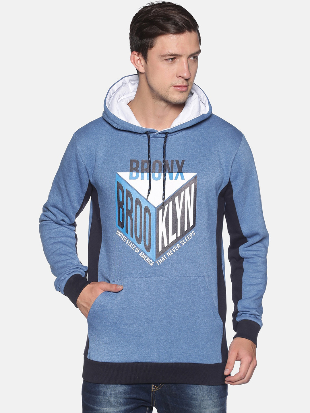 

UrGear Men Blue & Black Printed Hooded Sweatshirt