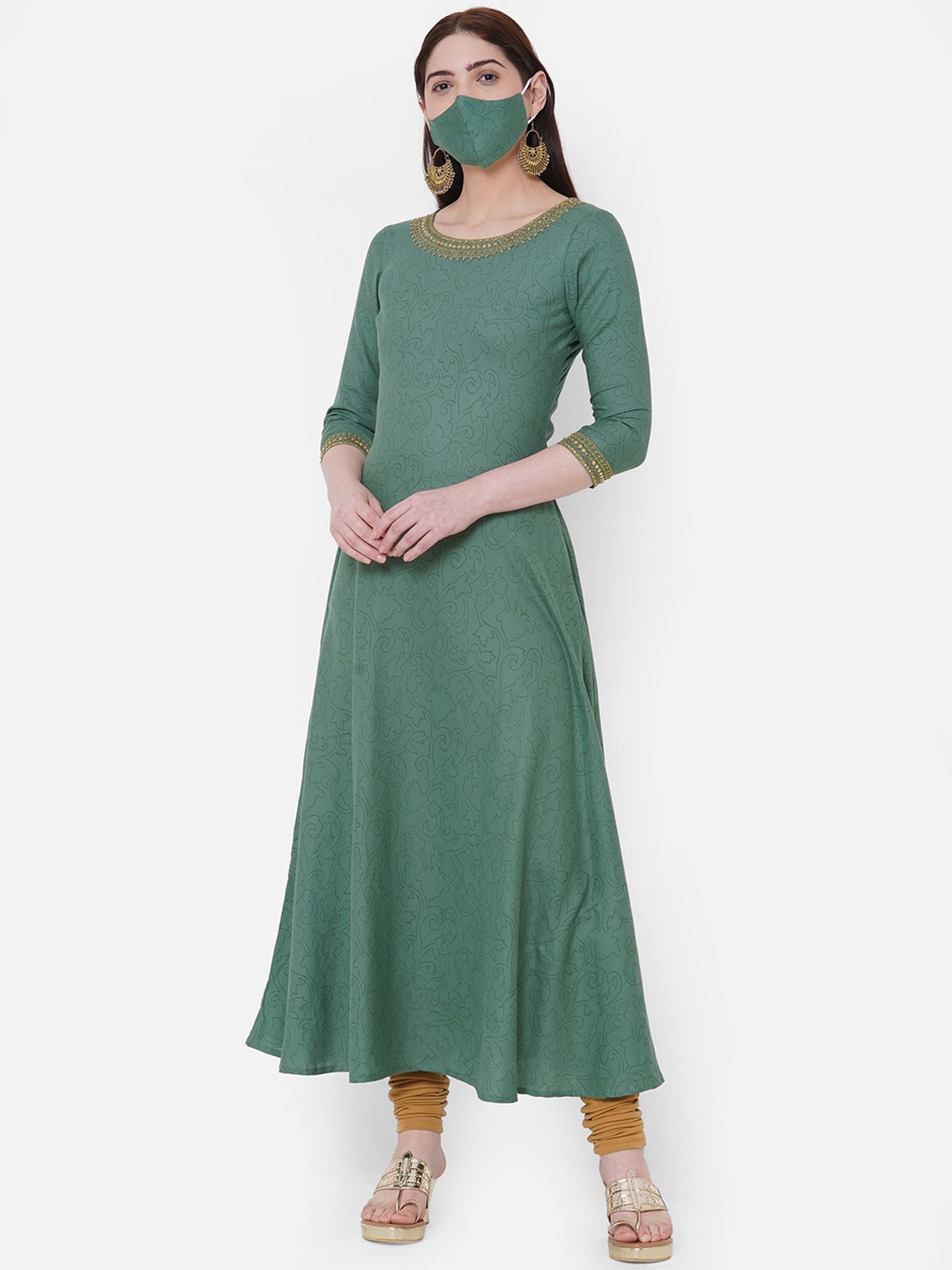 

FASHOR Women Green Ethnic Motifs Printed Kurta with 2-Ply Mask