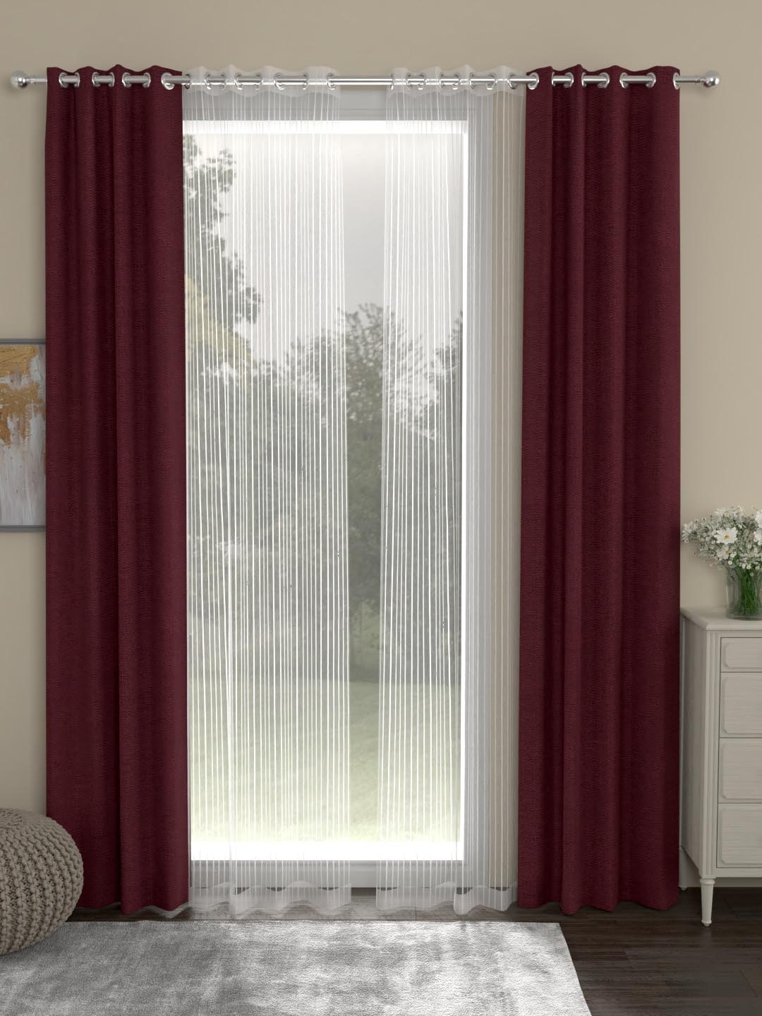 

ROSARA HOME Maroon & White Set of 4 Door Curtains