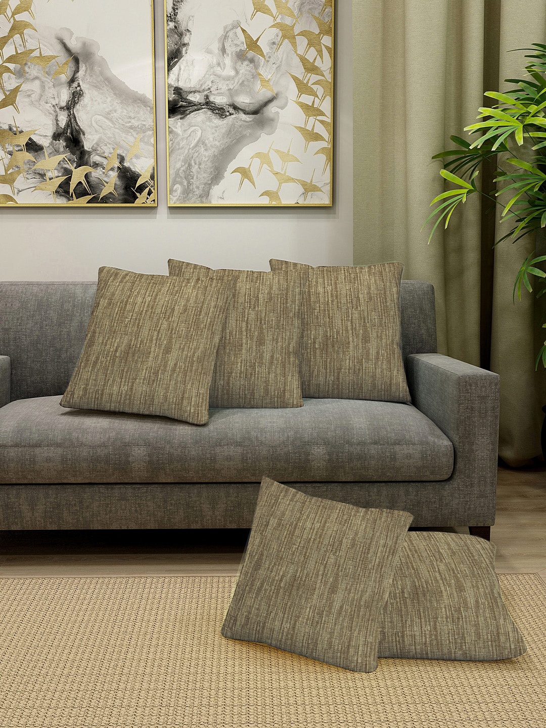 

KLOTTHE Beige Set of 5 Self Design Square Cushion Covers