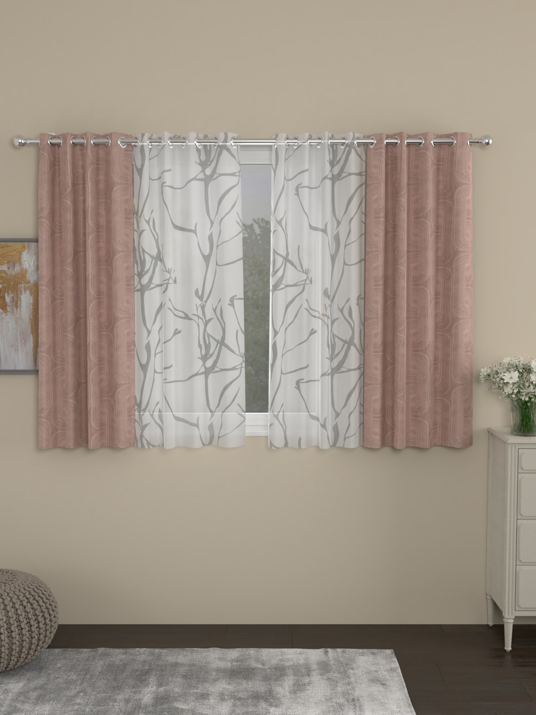 

ROSARA HOME Nude-Coloured & White Set of 4 Jacquard Window Curtains