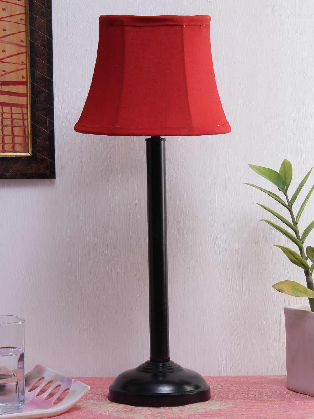 Devansh Red & Black Solid Traditional Bedside Table Lamp with Shade