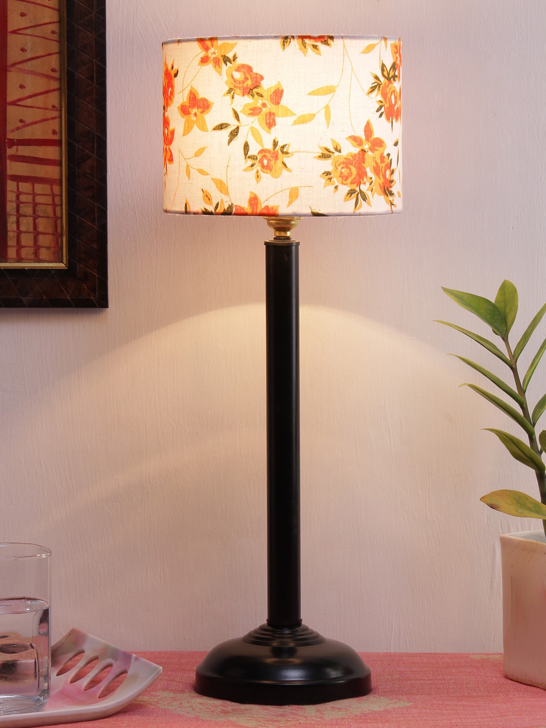 

Devansh White & Orange Floral Printed Traditional Table Lamp with Shade