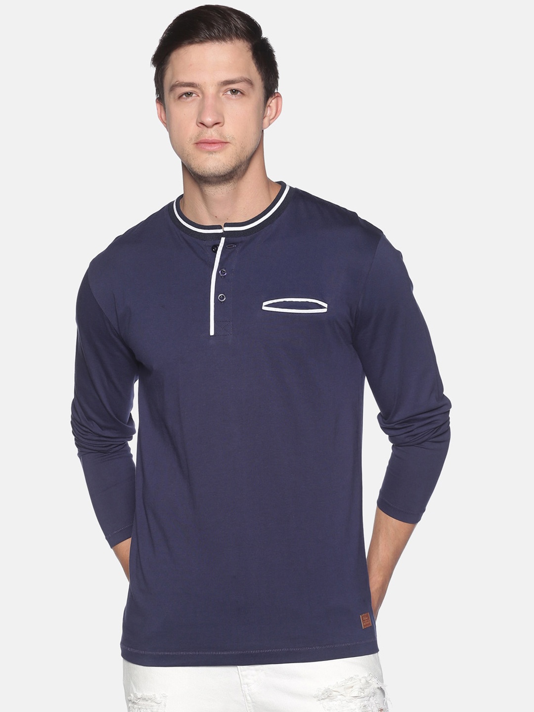 

UrGear Men Navy Blue Solid Henley Neck Pure Cotton T-shirt