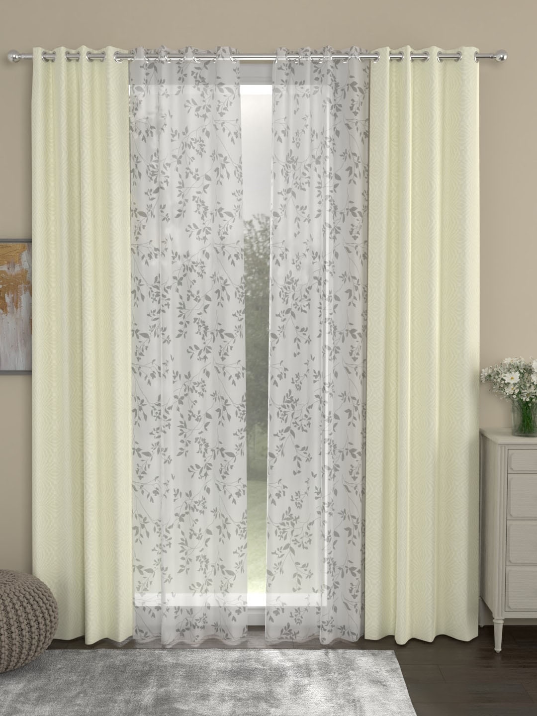 

ROSARA HOME Set Of 4 Cream-Coloured & White Jacquard Long Door Curtains